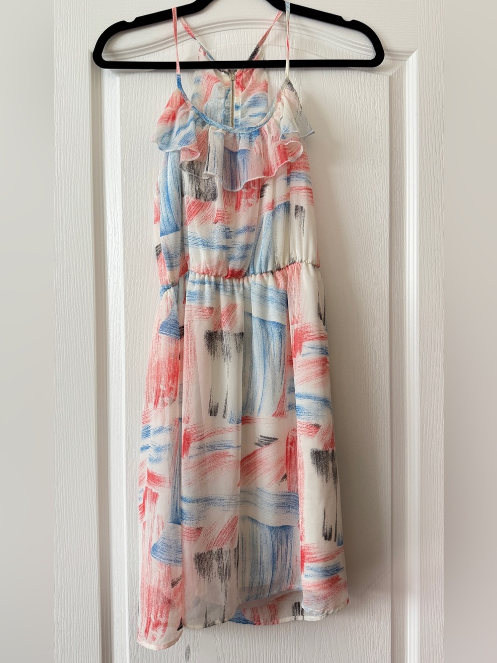 hello miss Mini Dress with Coral, Blue & Black Brushstroke Print Small